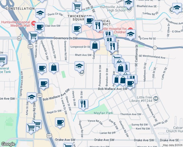 map of restaurants, bars, coffee shops, grocery stores, and more near 2316 Gallatin Street Southwest in Huntsville