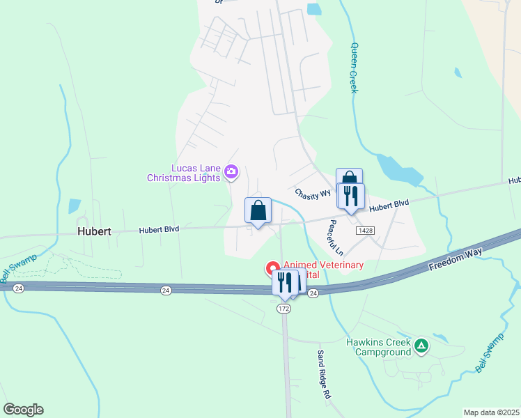 map of restaurants, bars, coffee shops, grocery stores, and more near 122 Blue Haven Drive in Hubert