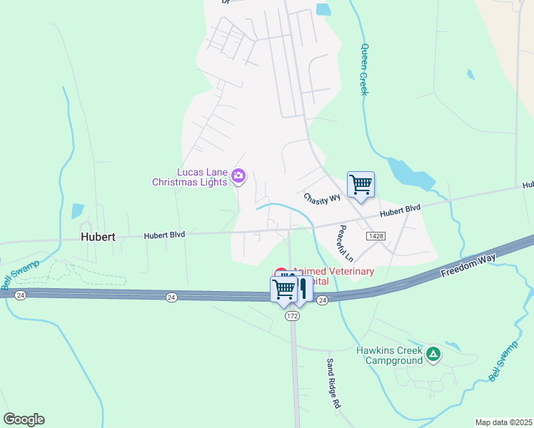 map of restaurants, bars, coffee shops, grocery stores, and more near 122 Blue Haven Drive in Hubert