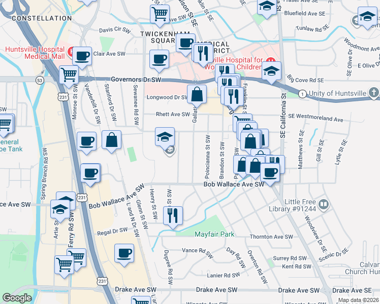 map of restaurants, bars, coffee shops, grocery stores, and more near 2316 Gallatin Street Southwest in Huntsville