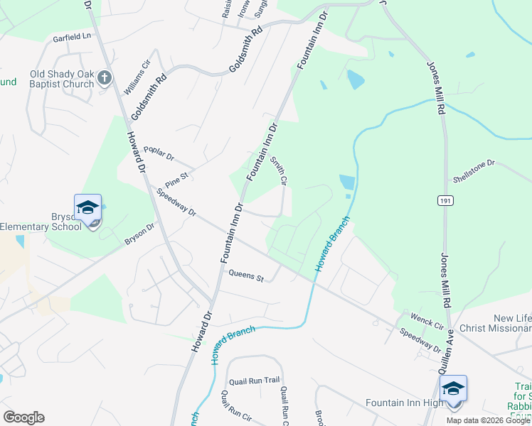 map of restaurants, bars, coffee shops, grocery stores, and more near 15 Smith Circle in Fountain Inn
