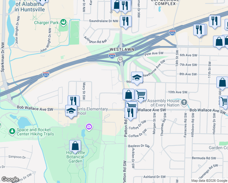 map of restaurants, bars, coffee shops, grocery stores, and more near 4411 Dyshel Drive Southwest in Huntsville