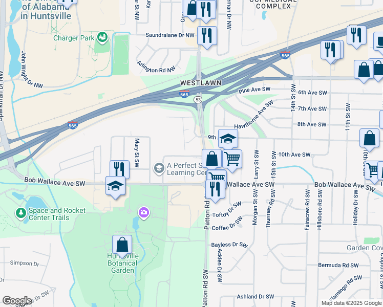 map of restaurants, bars, coffee shops, grocery stores, and more near 4407 Dyshel Drive Southwest in Huntsville