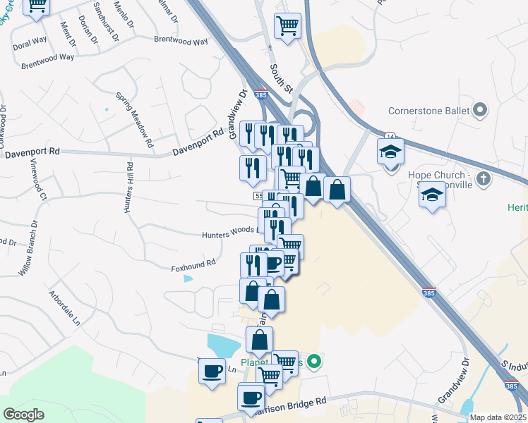 map of restaurants, bars, coffee shops, grocery stores, and more near 630 Fairview Road in Simpsonville