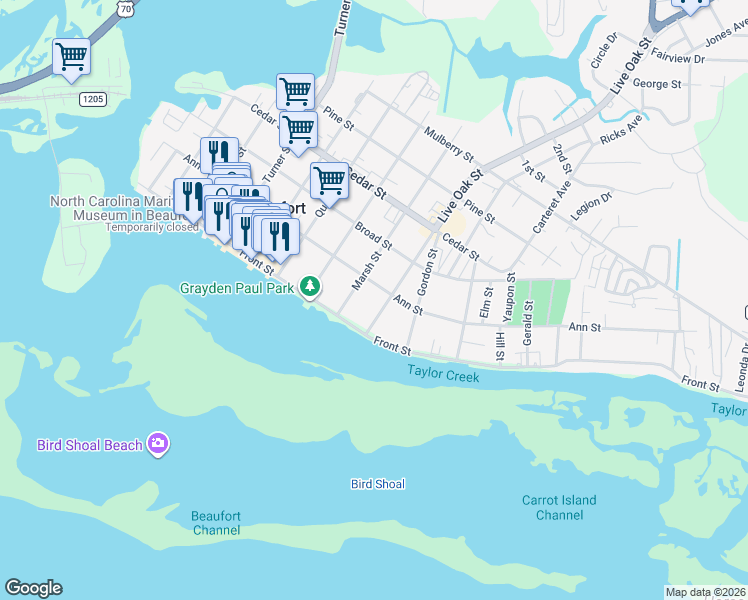 map of restaurants, bars, coffee shops, grocery stores, and more near 110 Live Oak Street in Beaufort