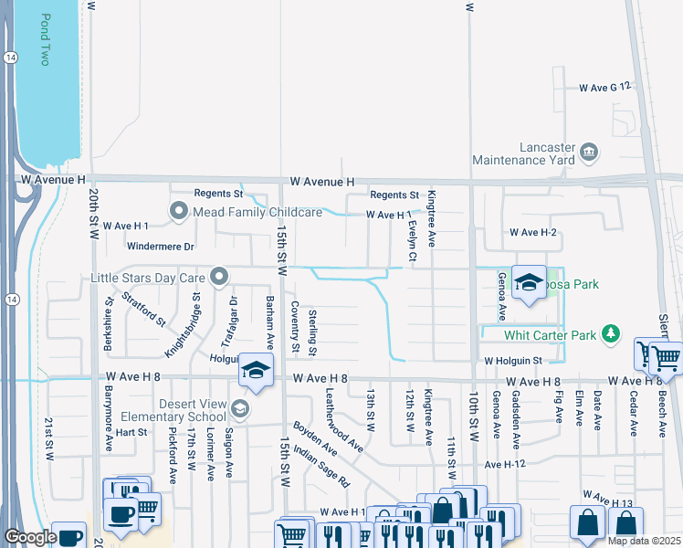 map of restaurants, bars, coffee shops, grocery stores, and more near 1251 West Avenue H-6 in Lancaster