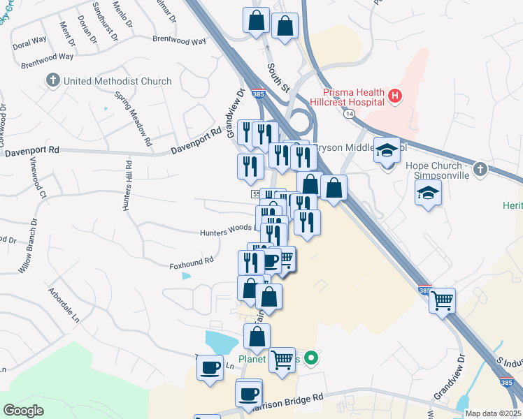 map of restaurants, bars, coffee shops, grocery stores, and more near 630 Fairview Road in Simpsonville