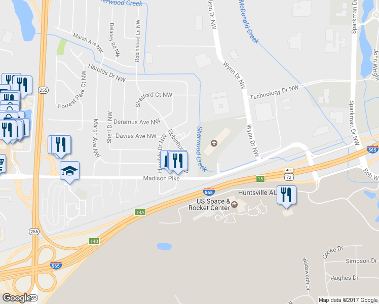 map of restaurants, bars, coffee shops, grocery stores, and more near 6222 Robinhood Lane Northwest in Huntsville