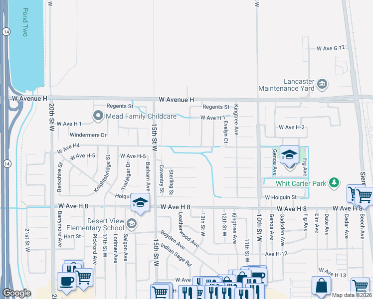 map of restaurants, bars, coffee shops, grocery stores, and more near 1270 West Avenue H4 in Lancaster