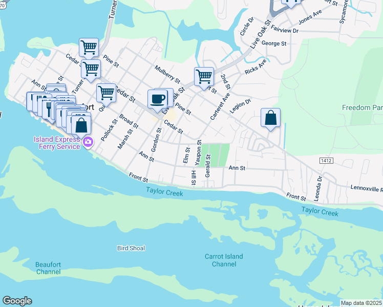 map of restaurants, bars, coffee shops, grocery stores, and more near 210 Elm Street in Beaufort