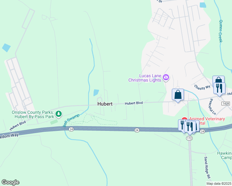 map of restaurants, bars, coffee shops, grocery stores, and more near 289 Hubert Boulevard in Hubert