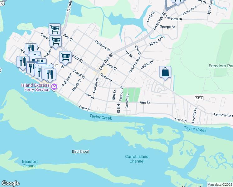 map of restaurants, bars, coffee shops, grocery stores, and more near 210 Elm Street in Beaufort