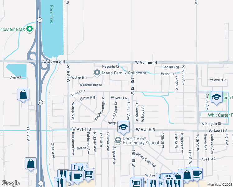 map of restaurants, bars, coffee shops, grocery stores, and more near 1562 West Avenue H4 in Lancaster