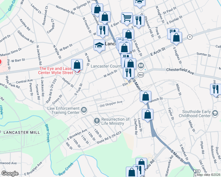 map of restaurants, bars, coffee shops, grocery stores, and more near 311 Elm Street in Lancaster
