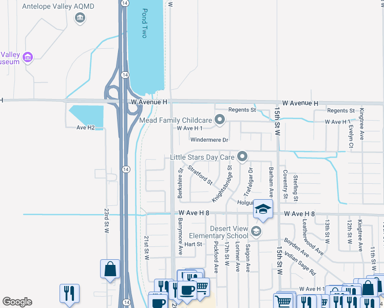 map of restaurants, bars, coffee shops, grocery stores, and more near 1816 Avenue H4 in Lancaster