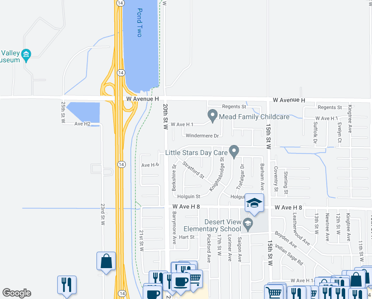 map of restaurants, bars, coffee shops, grocery stores, and more near 1816 Avenue H4 in Lancaster