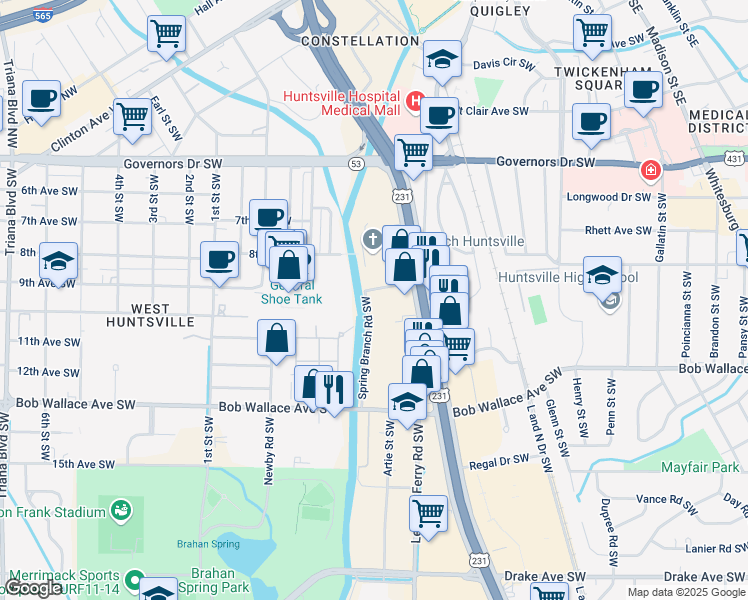 map of restaurants, bars, coffee shops, grocery stores, and more near 2309 Spring Branch Road Southwest in Huntsville