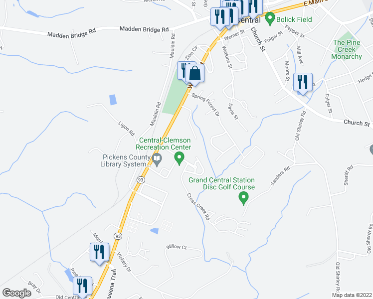 map of restaurants, bars, coffee shops, grocery stores, and more near 117 Cross Creek Rd in Central