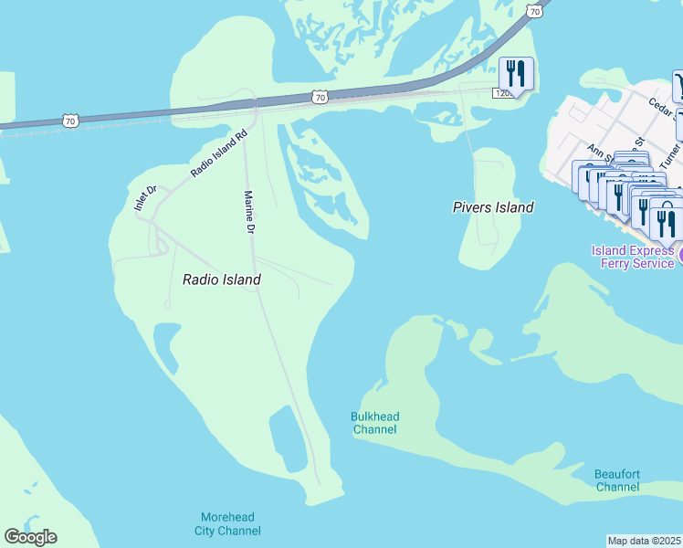 map of restaurants, bars, coffee shops, grocery stores, and more near 100 Olde Towne Yacht Club Road in Beaufort