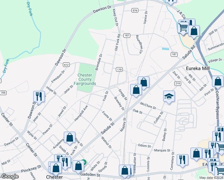 map of restaurants, bars, coffee shops, grocery stores, and more near 129 Brawley Street in Chester