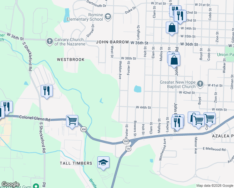 map of restaurants, bars, coffee shops, grocery stores, and more near 4220 Weldon Avenue in Little Rock