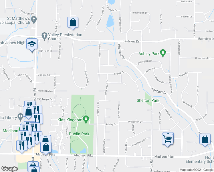 map of restaurants, bars, coffee shops, grocery stores, and more near 107 Briarwood Drive in Madison