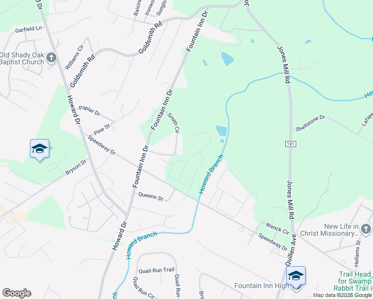 map of restaurants, bars, coffee shops, grocery stores, and more near 54 Smith Circle in Fountain Inn