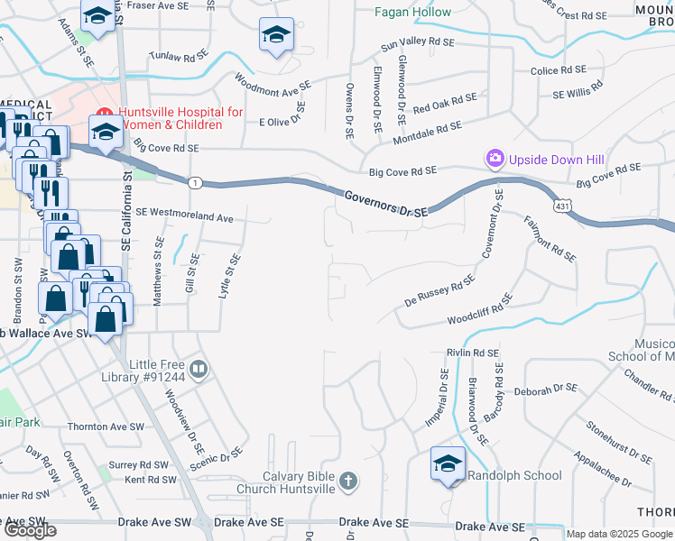 map of restaurants, bars, coffee shops, grocery stores, and more near 2409 Covemont Drive Southeast in Huntsville