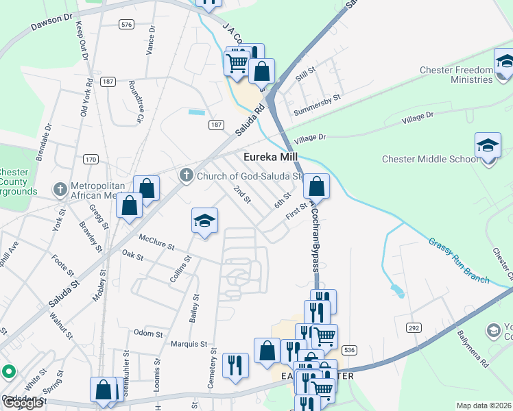 map of restaurants, bars, coffee shops, grocery stores, and more near 565 State Road 210 in Chester