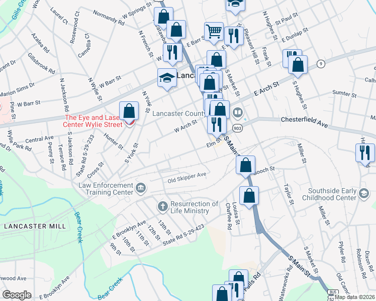 map of restaurants, bars, coffee shops, grocery stores, and more near 311 Elm Street in Lancaster