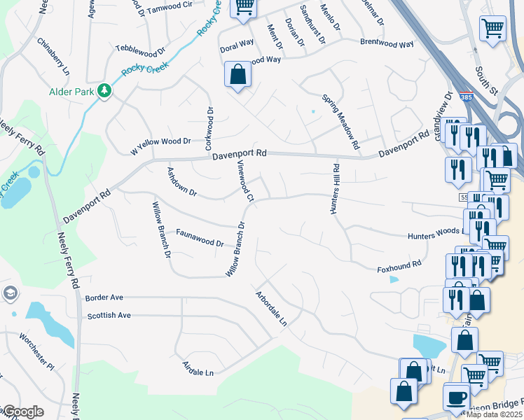 map of restaurants, bars, coffee shops, grocery stores, and more near 308 Vinewood Court in Simpsonville