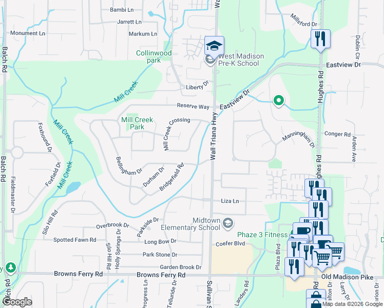 map of restaurants, bars, coffee shops, grocery stores, and more near 104 Bridgefield Road in Madison