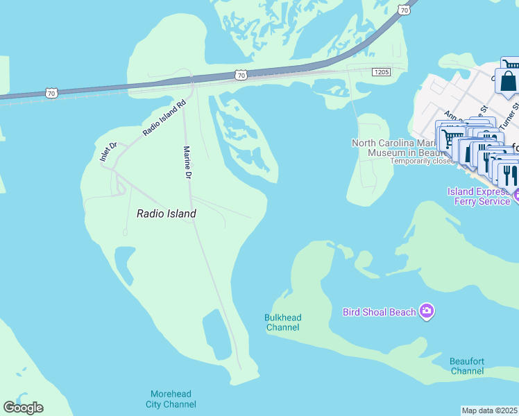 map of restaurants, bars, coffee shops, grocery stores, and more near 100 Olde Towne Yacht Club Road in Beaufort