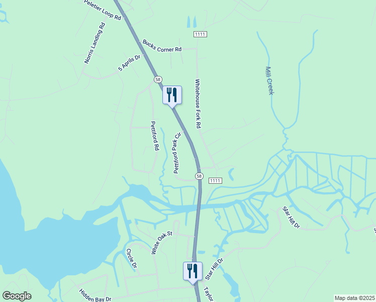 map of restaurants, bars, coffee shops, grocery stores, and more near 1113 North Carolina 58 in Cape Carteret