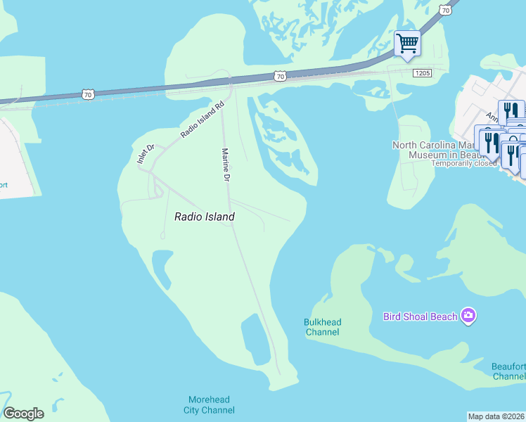 map of restaurants, bars, coffee shops, grocery stores, and more near Olde Towne Yacht Club Rd in Morehead City
