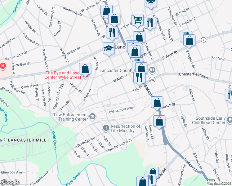 map of restaurants, bars, coffee shops, grocery stores, and more near 311 Elm Street in Lancaster