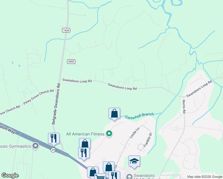 map of restaurants, bars, coffee shops, grocery stores, and more near 698 Swansboro Loop Road in Swansboro