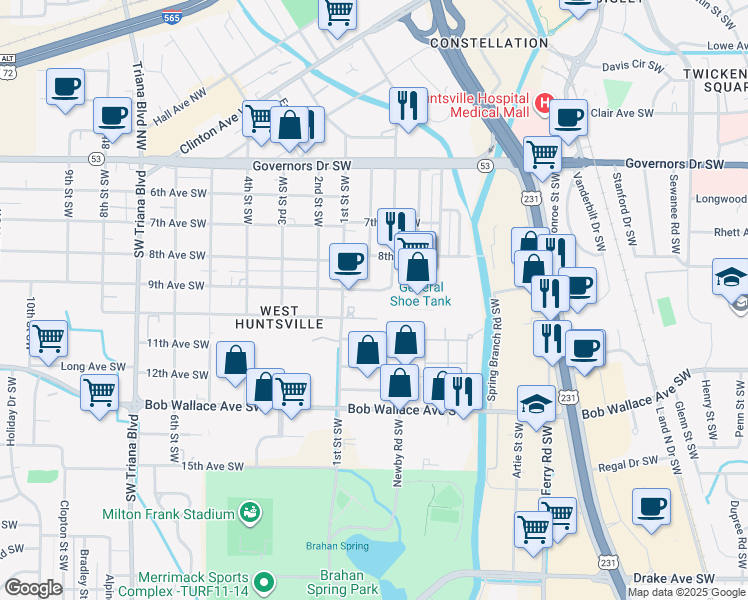 map of restaurants, bars, coffee shops, grocery stores, and more near 2411 9th Avenue Southwest in Huntsville