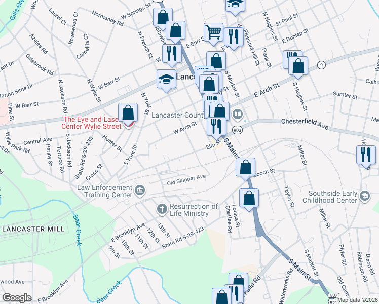 map of restaurants, bars, coffee shops, grocery stores, and more near 311 Elm Street in Lancaster