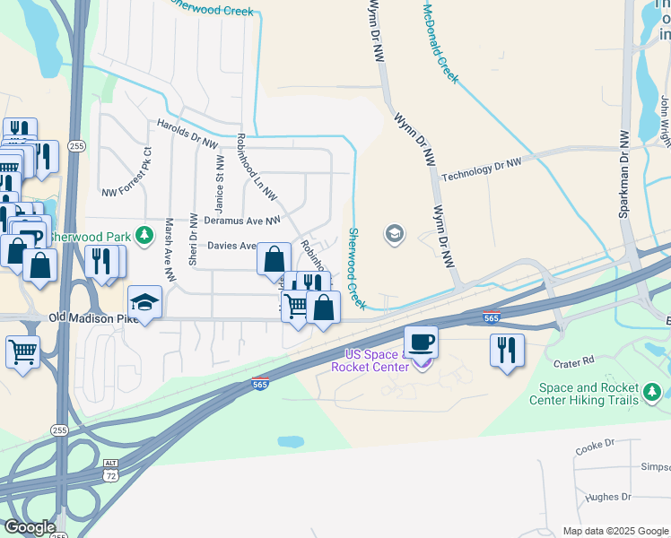 map of restaurants, bars, coffee shops, grocery stores, and more near 6230 Robinhood Lane Northwest in Huntsville