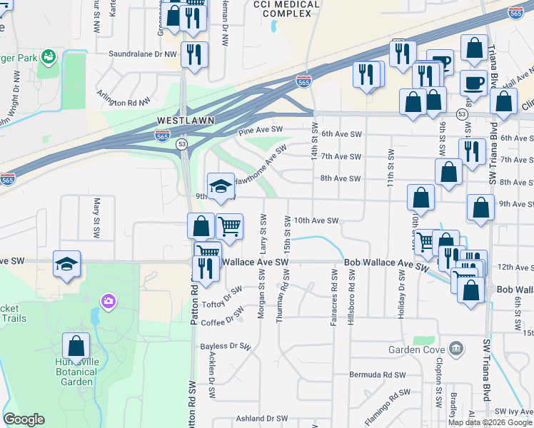 map of restaurants, bars, coffee shops, grocery stores, and more near 2504 15th Street Southwest in Huntsville