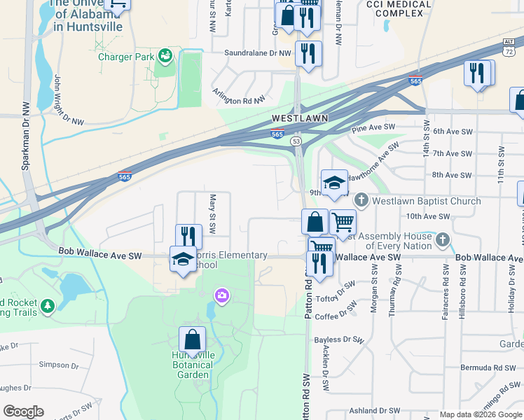 map of restaurants, bars, coffee shops, grocery stores, and more near 4405 Judith Lane in Huntsville