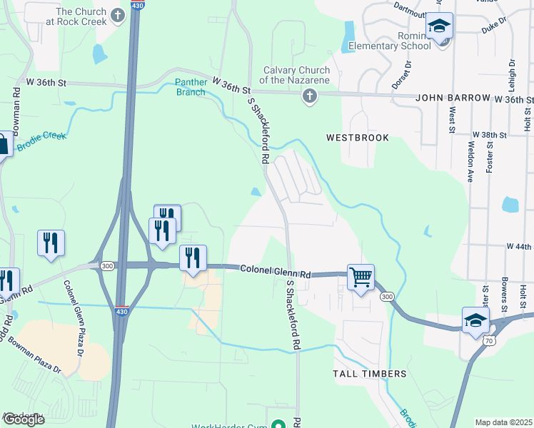 map of restaurants, bars, coffee shops, grocery stores, and more near 4215 S Shackleford Rd in Little Rock
