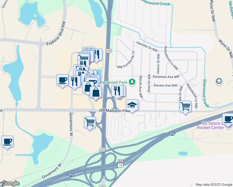 map of restaurants, bars, coffee shops, grocery stores, and more near 6610 Old Madison Pike in Huntsville