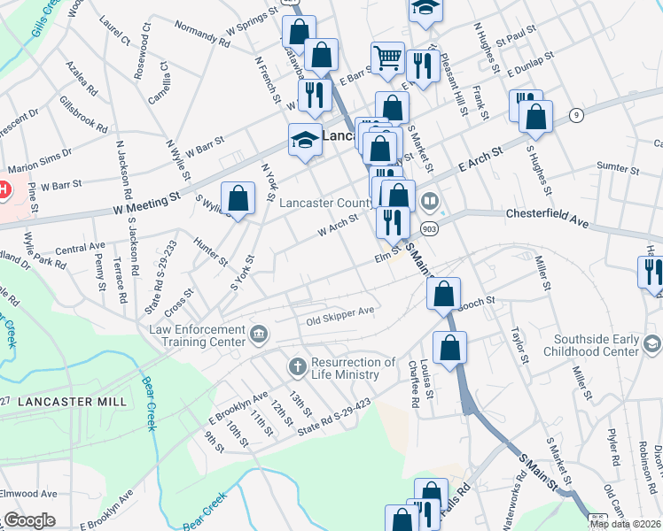 map of restaurants, bars, coffee shops, grocery stores, and more near 311 Elm Street in Lancaster
