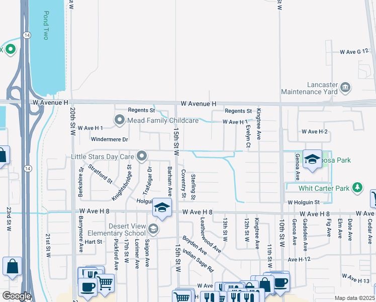 map of restaurants, bars, coffee shops, grocery stores, and more near Avenue H4 in Lancaster