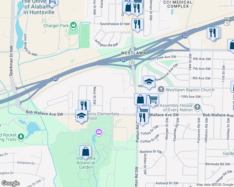 map of restaurants, bars, coffee shops, grocery stores, and more near 4405 Judith Lane in Huntsville