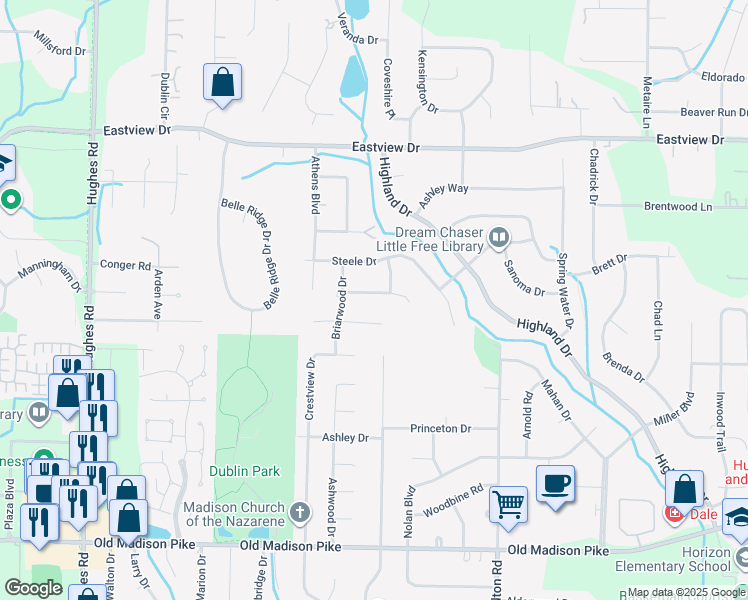 map of restaurants, bars, coffee shops, grocery stores, and more near 106 Willena Drive in Madison