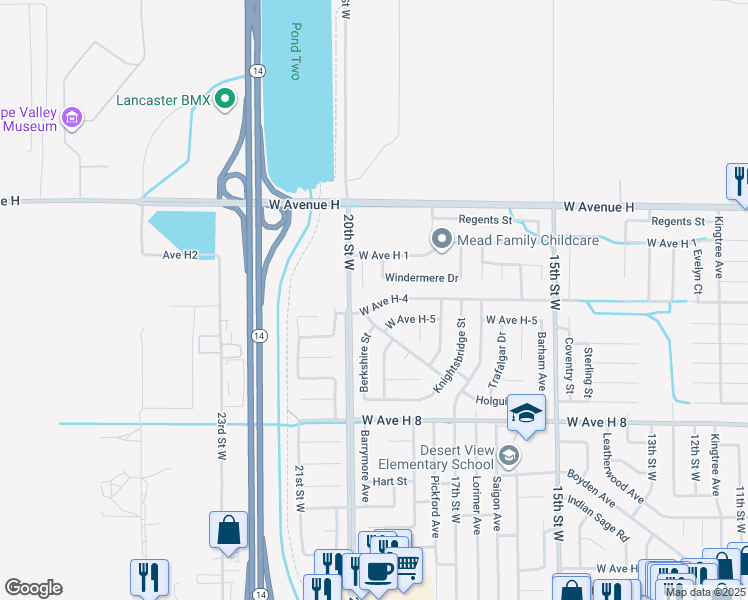 map of restaurants, bars, coffee shops, grocery stores, and more near 1835 Avenue H4 in Lancaster
