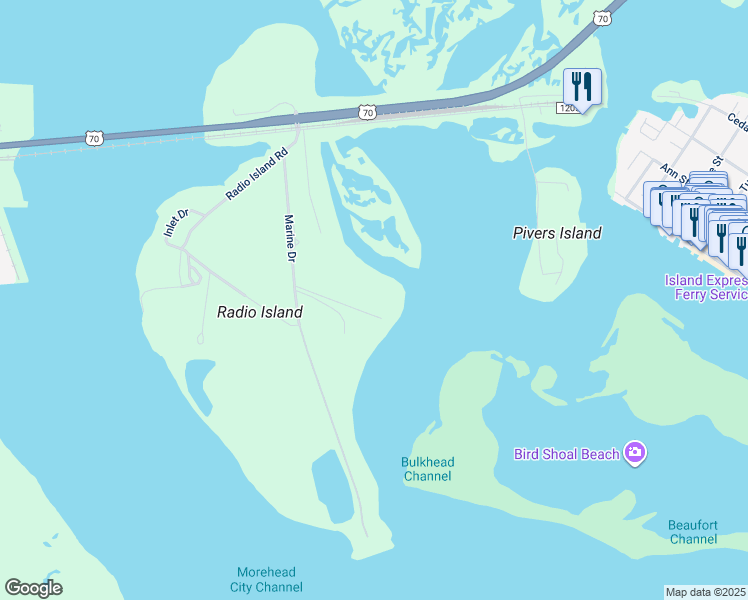 map of restaurants, bars, coffee shops, grocery stores, and more near Olde Towne Yacht Club Road in Beaufort